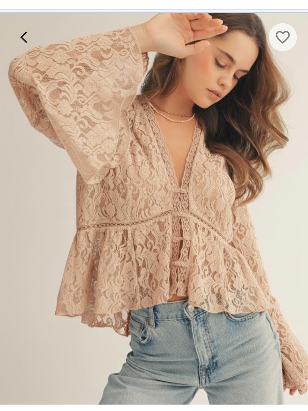 L3–🤎 (SHIPPED) Lace Peplum V-Neck Blouse in Tan